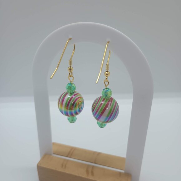 Red and Green Spiral Christmas Ball Earrings with Green Accent Beads - Picture 4 of 4